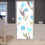 A.Monamour Pegatinas Decorativas de Puerta Autoadhesivo 3D Tulipán Azul Flores Flores Jardín Botánico Vinilo para Puertas Mural PVC Pegatinas de Pared Foto Poster 77 x 200 cm