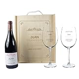 Kit con Botella de Vino + Copas de Vino + Caja de Madera, Todo ello Personalizable con Nombre, dedicatoria y Firma