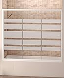 Mampara Frontal Para Bañera Modelo ARIZONA. Una Hoja Fija Mas Dos Hojas Correderas, Ancho de 140 cm, Cristal 6 mm Decorado Serigrafía, Perfil Aluminio Lacado en Blanco