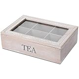 Caja de té con ventana y 6 compartimentos, 24 x 17 x 7 cm, color natural/blanco, caja de almacenamiento de madera