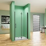 80X190cm Mampara de Ducha Puerta Plegable Perfil Aluminio Negro Cristal de 5mm ANTICAL Templado