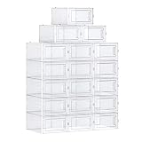 SONGMICS Cajas de Zapatos, Paquete de 18 Organizadores de Almacenamiento, Plegables y Apilables para Zapatillas hasta Talla 42, Transparente y Blanco LSP18SWT