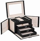 SONGMICS Caja joyero, Caja para Joyas, Organizador de Belleza de 4 Niveles, Caja organizadora con bandejas, Funda de Terciopelo, Negro JBC159B01