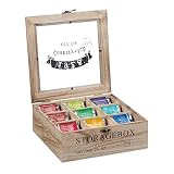Relaxdays Caja de té con 9 Compartimentos, Madera, Caja de té con Ventana, bolsitas de té, cápsulas de café, Especias, 9 x 24 x 25 cm, Natural, 1 Unidad