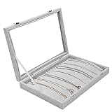 BELLE VOUS Bandeja Joyas Terciopelo Gris Expositor de Joyas Bandeja 20 Ganchos y Tapa de Vidrio con Cierre - Organizador Joyas Cajones para Collares, Brazaletes, Pendientes y Tobilleras