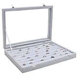 Belle Vous Bandeja Organizador de Joyas Terciopelo Gris Joyero para Anillos 7 Ranuras con Tapa – Expositor de Joyas con Tapa de Cristal Transparente para Anillos, Pendientes y Gemelos