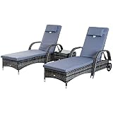 Outsunny Set de 2 Tumbonas Chaise Longue + 1 Mesa de Ratan para Jardín o Terraza Sillas con Cojín y Respaldo Ajustable a 5 Niveles (Gris)