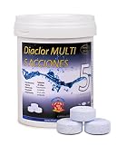 Cloro Piscinas Pequeñas DIACLOR Multi 5 ACCIONES 1 KG - 50 Pastillas de Cloro Lento (20 gr - 3 cm Diámetro) - Tratamiento Completo Multiacción - SIN Cobre - Nueva FÓRMULA 100% Segura