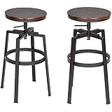 Juego de 2 taburetes industriales de madera de metal, altura ajustable de madera de metal, diseño Bistro Pub silla con reposapiés, base de hierro, giratoria a 360, nogal, 46,5 x 46,5 x 66,5-74 cm