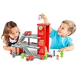 M MOLTO | Grand Parking Infantil de Madera con Ascensor, Helipuerto, Variadad de Accesorios y Figuritas | Incluye Camiones, Ambulancia y Helipcótero | Juguetes Educativos para Niños y Niñas | + 3 años