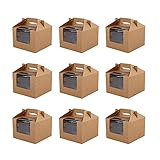 20 Piezas Cajas de Pastelería, Caja de Almacenamiento Cupcakes, Caja Pasteles Ventana 4 Agujeros, Caja Pasteles Asa, 15,5 x 15,5 x 11 cm, para Magdalenas, Galletas, Magdalenas (Marrón)