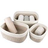 La Jolíe Muse Cestas almacenaje de algodón Tejido con Cuerda, Juego de Cajas de almacenaje, cestas baño, cestas organizadoras Cocina y Dormitorio, cestas almacenaje Bebe, Blanco y marrón Claro, Set 3