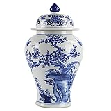 fanquare Jarrón de Porcelana Azul y Blanca, Jarrón Estilo Chino Ming, Jarrón con Motivo de Flores de Ciruelo y Pájaros, Altura 35cm