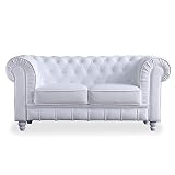 Chesterfield, Sofa de Dos plazas, Sillon Descanso, 2 Personas, Acabado en Simil Piel Color Blanco y Capitone, Medidas: 166 cm (Largo) x 84 cm (Fondo) x 75 cm (Alto)