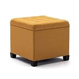 HNNHOME Puffe Reposapiés otomano, caja de almacenamiento, cubo de 45 cm, estructura de madera fuerte, taburete de lino para sala de estar, baúl de juguete, taburete con tapas (amarillo)