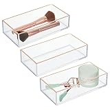 mDesign Juego de 3 Cajas organizadoras de cosméticos – Práctico Organizador de Maquillaje para pintalabios, pintaúñas y demás – Cajas rectangulares para baño o Dormitorio – Transparente/Dorado Rojizo