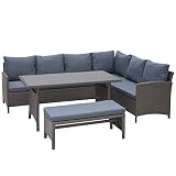 Outsunny Conjunto 4 Piezas Muebles de Ratán Espacio Amplio con Cojines Acolchados para Jardín o Terraza Patio 2 Sofá 1 Mesa 1 Banco de Exterior Tubo de Hierro Vidrio Templado Gris