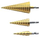 3 Pcs Paso Brocas Escalonadas, Brocas Cónicas HSS Titanio, Vástago Hexagonal, 4-12/20/32mm Cortador de Agujeros para Madera y Metal