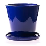 Maceta DE Barro ESMALTADA EN Color Azul Cobalto+ Plato.Modelo CAÑA 2. Medidas 23X21