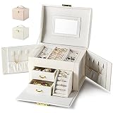 Caja Joyero Caja para Joyas Organizador de Joyas de 3 Capas Caja de Joyas con Espejo y Cerradura Portátil Joyero de Viaje para Anillos, Collares, Caja de Regalo para Mujer(Blanco-K)
