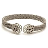 CAOREMA Pulsera Mujer de Malla de Acero Antialérgico. Brazalete de Mujer en Color Plateado Ajustable. Brazalete Esclava para Mujer. Pulsera de Malla de Acero para Mujer con Detalle de Flor Lisa