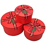 Set de 3 Cajas de Regalo Redondas con Lazo, 3 tamaños Distintos, Cajas Decorativas con Tapa, presentación para Navidad, cumpleaños (Rojo, 19,5 cm, 16,5 cm y 13,5 cm)