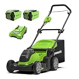 Greenworks Cortacésped con batería G40LM41K2X, Li-Ion 40V 41cm ancho, hasta 500m², 2en1 acolchado y corte, 50l caja de recogida de hierba, 5 veces ajuste de altura con 2 baterías 2 Ah y cargador