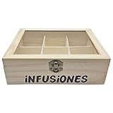 Acan Caja de Madera Infusiones con 6 Compartimentos y Tapa de Cristal 6,5 x 20,5 x 15,5 cm. Caja de Almacenamiento para Guardar infusiones con Ventana Transparente