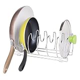 mDesign Organizador de sartenes y tapaderas – Soporte de metal cromado con 6 compartimentos para sartenes y tapas de ollas – Organizador de cajones y armarios de cocina