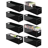 mDesign Juego de 8 cajas de almacenaje apilables para guardar DVD – Sistema de almacenaje con asas para DVD, CD y videojuegos – Práctica caja para DVD de plástico – negro