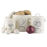 Navaris 3X Recipiente para almacenaje de ajo Cebolla y Patata - Botes ventilados de Metal para Patatas ajos cebollas - Contenedores Vintage con Tapa