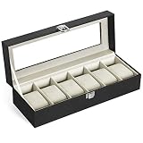 SONGMICS Caja de Relojes con 6 Compartimentos, Tapa de Cristal, Forro de Terciopelo, con Cojines y Cerradura, 30 x 11,2 x 8 cm, Negro y Beige, Dia del Padre, JWB06BE