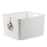 Acan Cesta de Almacenamiento Rectangular de plástico Blanco 28,5 litros, imitación Estilo Mimbre 22,7 x 39,5 x 34,5 cm, Cesta de ordenación con Asas para Ropa, Alimentos, Objetos, hogar