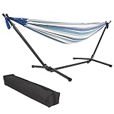 ML Design Hamaca XXL con Soporte de Acero y Material de Poliéster-Algodón hasta 200 kg 275 x 110 x 98 cm Azul-Blanco Silla Suspendida para Exteriores Camping Jardín Terraza con Bolsa de Transporte