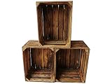 Cajas de madera flameadas en práctico juego de 3 unidades, 50 x 40 x 30 cm: cajas de fruta originales y vintage, cajas de manzanas de la antigua tierra para la construcción de muebles o decoración