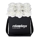 Relaxdays Rosas Artificiales, Duraderas, Caja Negra, Regalo San Valentín, 9 Flores para Día de la Madre, Blanco, Set de 9
