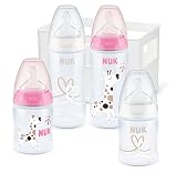 NUK First Choice+ - Juego de 4 botellas con control de temperatura (2 x 150 ml y 2 x 300 ml), incluye caja para botellas, 0-6 meses, anticólicos, sin BPA, color rosa y blanco