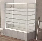 Mampara Frontal Para Bañera Modelo ARIZONA. Una Hoja Fija y Dos Hojas Correderas con Modulo Fijo de 70 cm, Ancho de 170 cm, Cristal 6 mm Decorado Serigrafía, Perfil Aluminio Lacado en Blanco