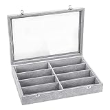 Emibele Bandeja de Gafas de 8 Ranuras, Organizador Multifuncional de Gafas de Sol y Joyas con Tapa y Cierre para Collar, Anillo, Pendiente, Pulsera y Reloj, Soporte Ideal para Exhibición – Gris