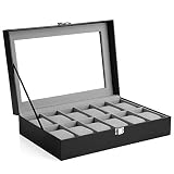 SONGMICS Caja de Relojes con 12 Compartimentos, Estuche para Relojes con Tapa de Cristal, Almohada extraíble, Forro de Terciopelo, Cierre de Metal, Cuero Sintético Negro y Forro Gris JWB12BK