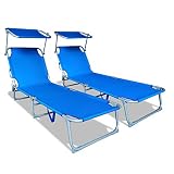 VOUNOT Pack de 2 Tumbonas Plegable, con Respaldo Ajustable y Parasol, para Piscina, Jardin, Playa, 190x58x27cm, Azul