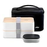 Atthys - Fiambrera de blanco + bolsa isotérmica | Decoración japonesa Bento Design 3 Place| Caja Bento 2 Compartimentos Herméticos 1200 ML | Lavavajillas Microondas | Para adultos o niños