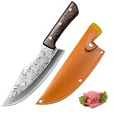 Fubinaty Cuchillo de chef Cleaver de 20 cm, hecho a mano, de acero inoxidable de carbono, con funda de piel, mango de madera de wengué, para casa, camping, barbacoa