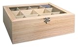 Rayher 62972505 Caja para té, 28,5x23,5x9 cm, Caja de madera con compartimentos y tapa transparente