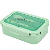 Caja de almuerzo, caja de Bento, 1000 ml, caja de Bento con 3 compartimentos y cubiertos, caja de almuerzo a prueba de fugas, adecuada para hornos de microondas y lavavajillas, salud duradera (Verde)