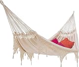 ECOMUNDY Ibiza BIO XL 380 blanco - hamaca de lujo clásico con flecos, algodón BIOLOGICO. hecha a mano - 2-personas. 160x240x380cm - 250kg