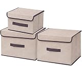 Timertick Caja de Almacenaje Ropa Plegable, 3 Cajas Organizadoras con Tapa y Asa, Caja de Almacenaje de Tela (Beige)