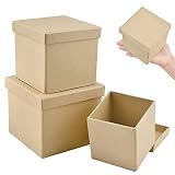 WANDIC Caja de papel maché, juego de 3 cajas cuadradas de papel maché, envases de papel kraft con tapas, ideal para pintar manualidades y accesorios de almacenamiento, cosméticos, joyas y regalos