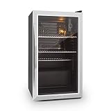 Klarstein Beersafe - Nevera pequeña, Mini nevera con puerta acristalada, Frigoríficos pequeños con iluminación LED, Acero inox, 5 niveles, 42 dB, 2 rejillas metálicas extraíbles, 85 L, Negro