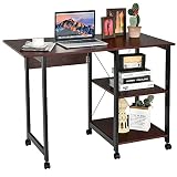 COSTWAY Escritorio Plegable para Ordenador, Carro de Ordenador con Almacenamiento, Mesa de Trabajo con 6 Ruedas, Escritorio Compacto para Casa Oficina